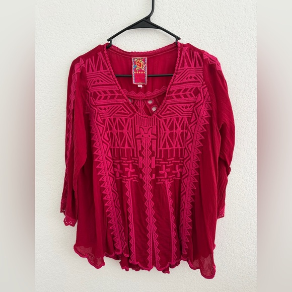 Johnny Was Tops - Johnny Was Blouse Small Pink and Red Embroidered Flowy Boho shirt
